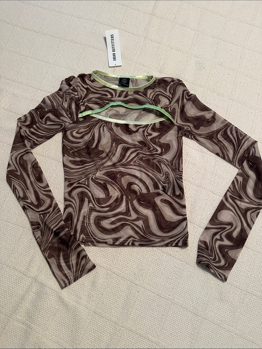 Urban Outfitters Brown Swirl Mesh Long-Sleeve Top with Lime-Trim Cutout